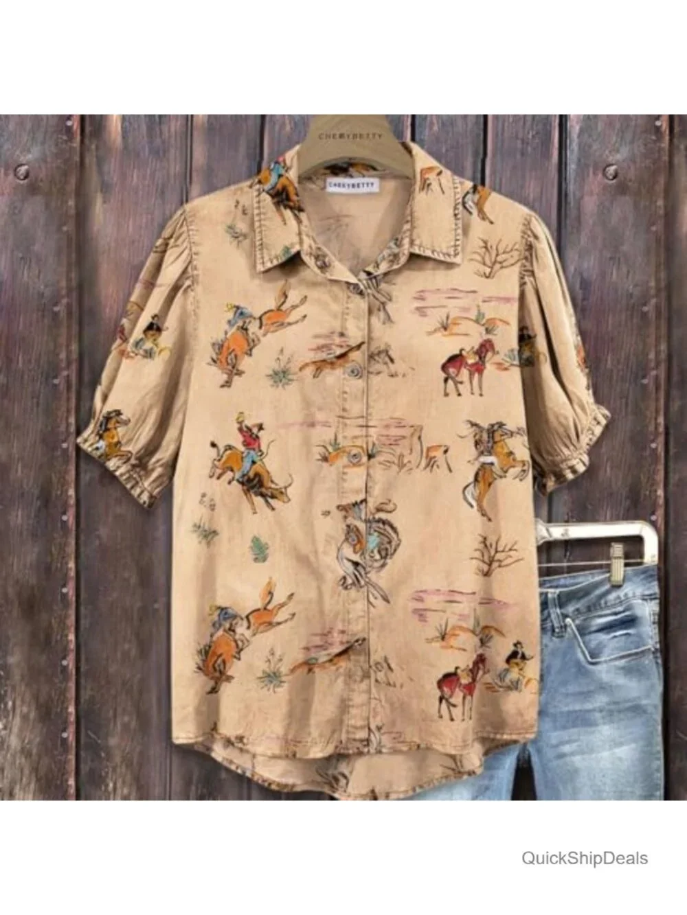 Western Cowboy Print Blouse V-Neck Short Sleeve Button-Down Puff Sleeve Top